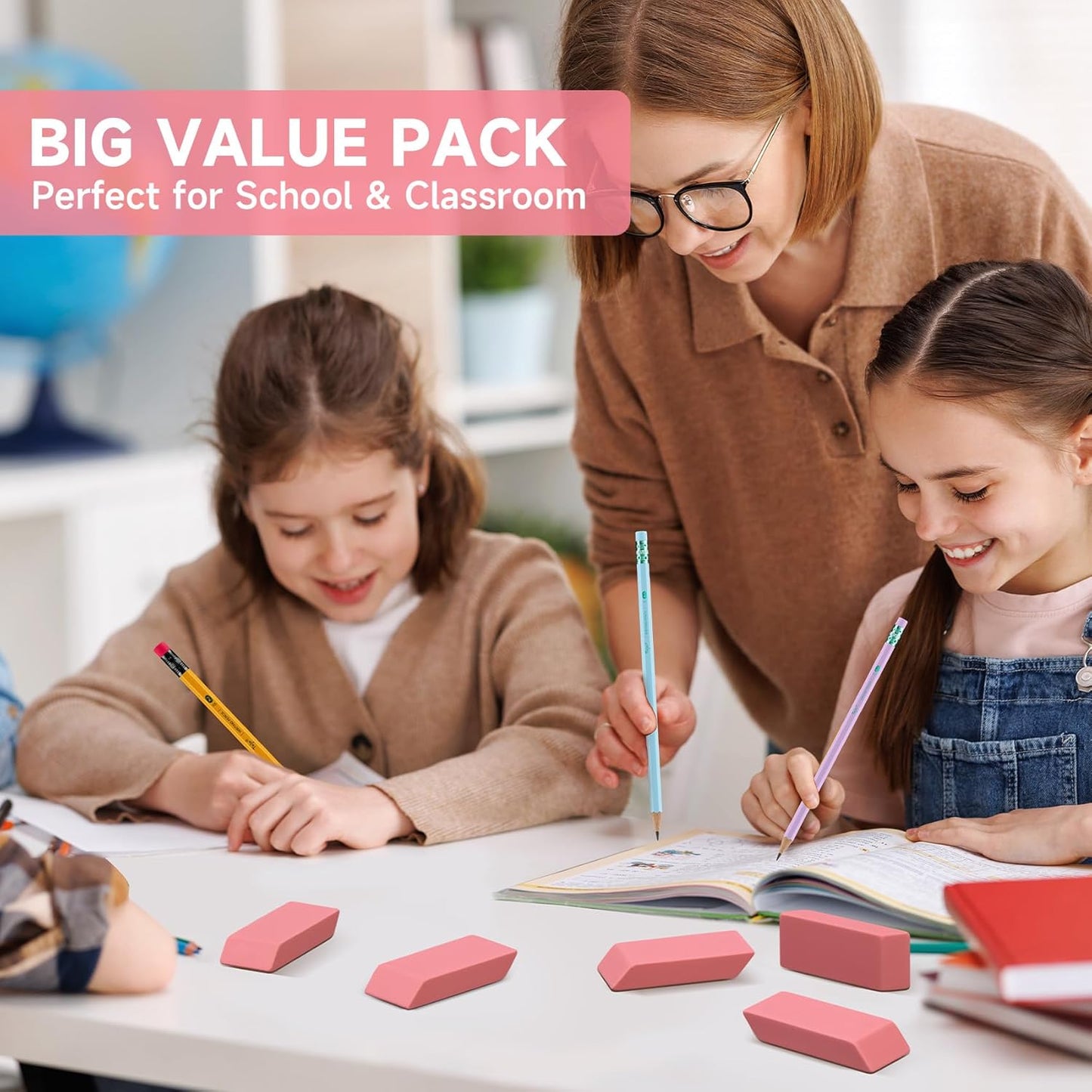 72 Pack Pink Erasers Bulk, Large Pencil Erasers for School, Classroom, Teacher, Homeschool, and Office Supplies