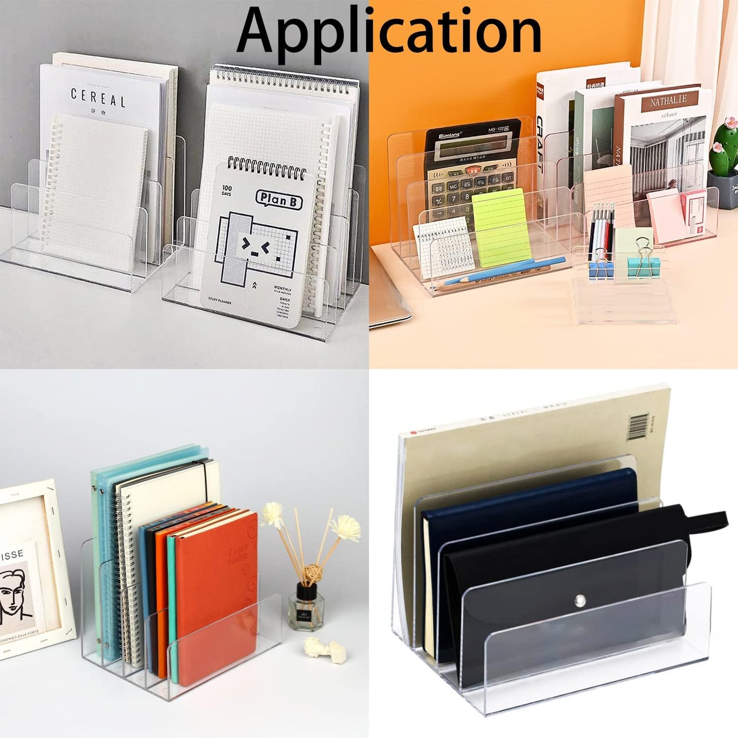 Acrylic Desk File Organizer 2 Pack, 4 Section Letter Organizer, Clear Folder Holder, Desktop File Holder for Document, Notebook and Newspaper, Clear Desk Storage Rack for Home and Office Use