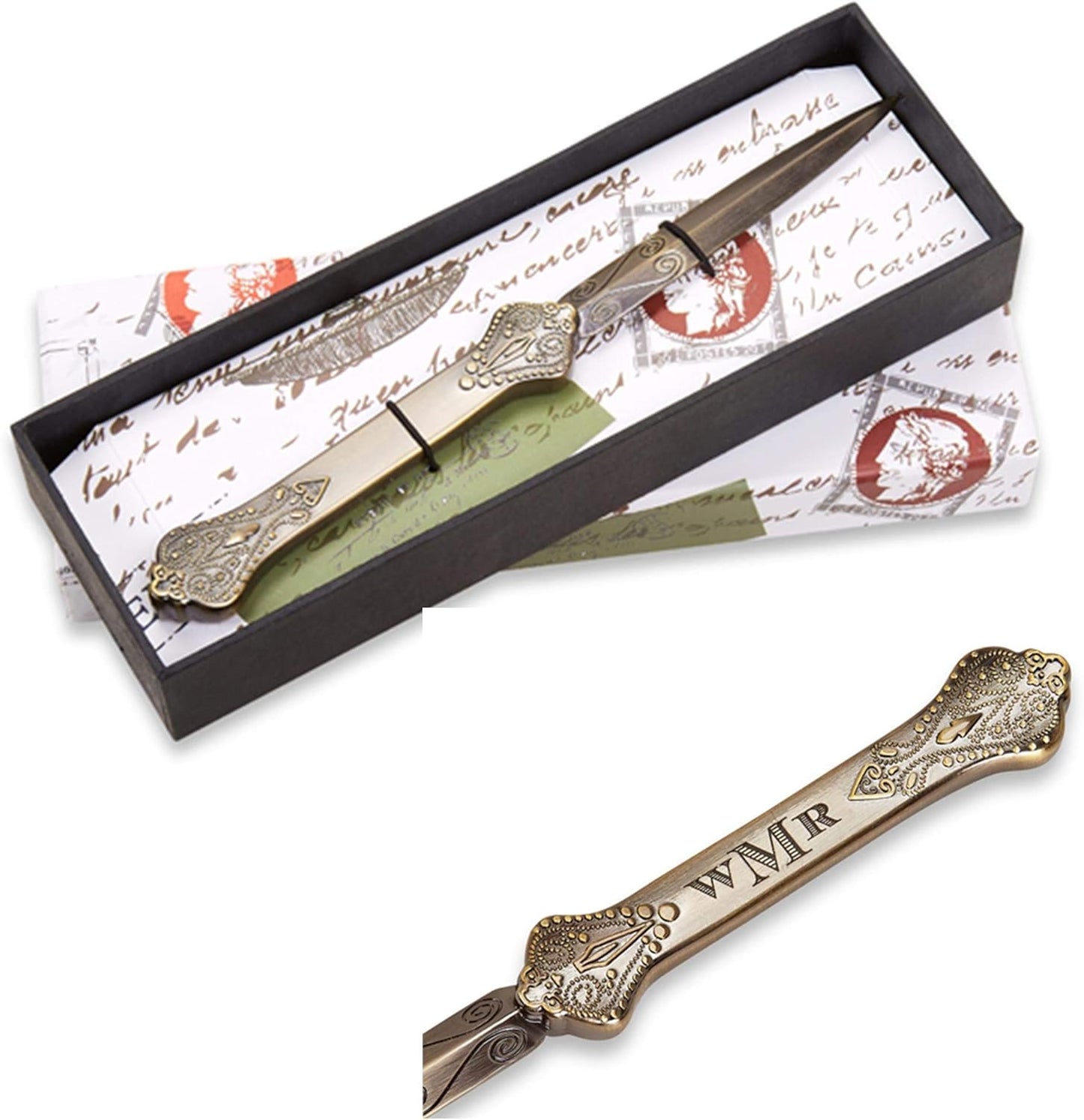 Personalized Decorative Monogram Letter Opener Paper Cutting Knife Premium Antiqued Metal for Envelopes with Vintage Detail 7” Long - Choice of Monogram Style