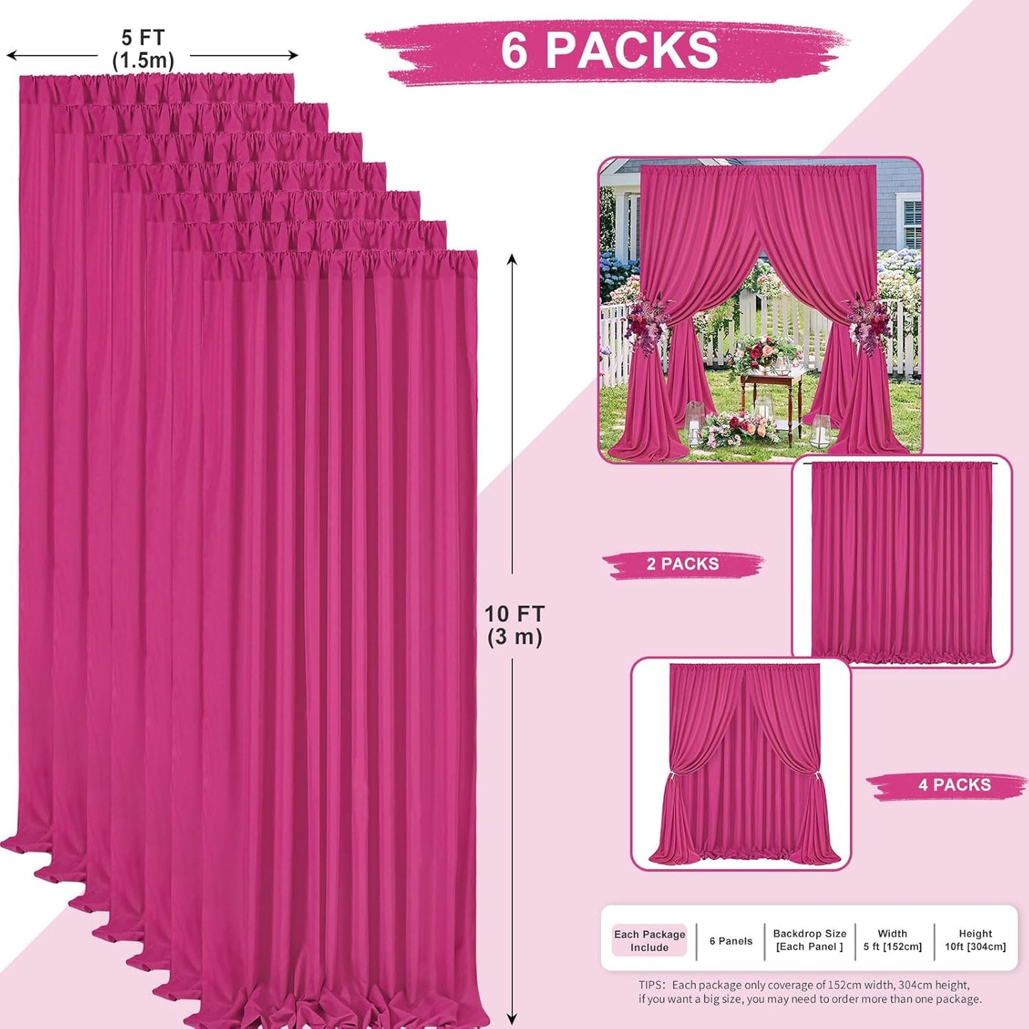 Hot Pink Backdrop Drapes Curtain: Polyester Wedding Party Photography Backdrop Fabric - Fuchsia Birthday Photo Background 6 Panels 5x10ft