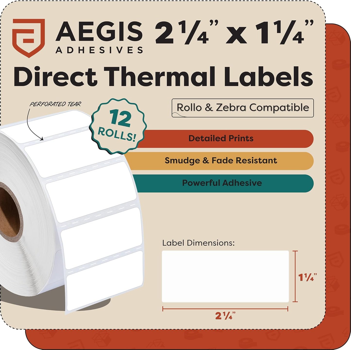 Aegis Adhesives - 2 ¼” X 1 ¼” Direct Thermal Labels for Barcodes, Address, Perforated & Compatible with Rollo, Zebra, & Other Desktop Label Printers (12 Rolls, 1000/Roll)