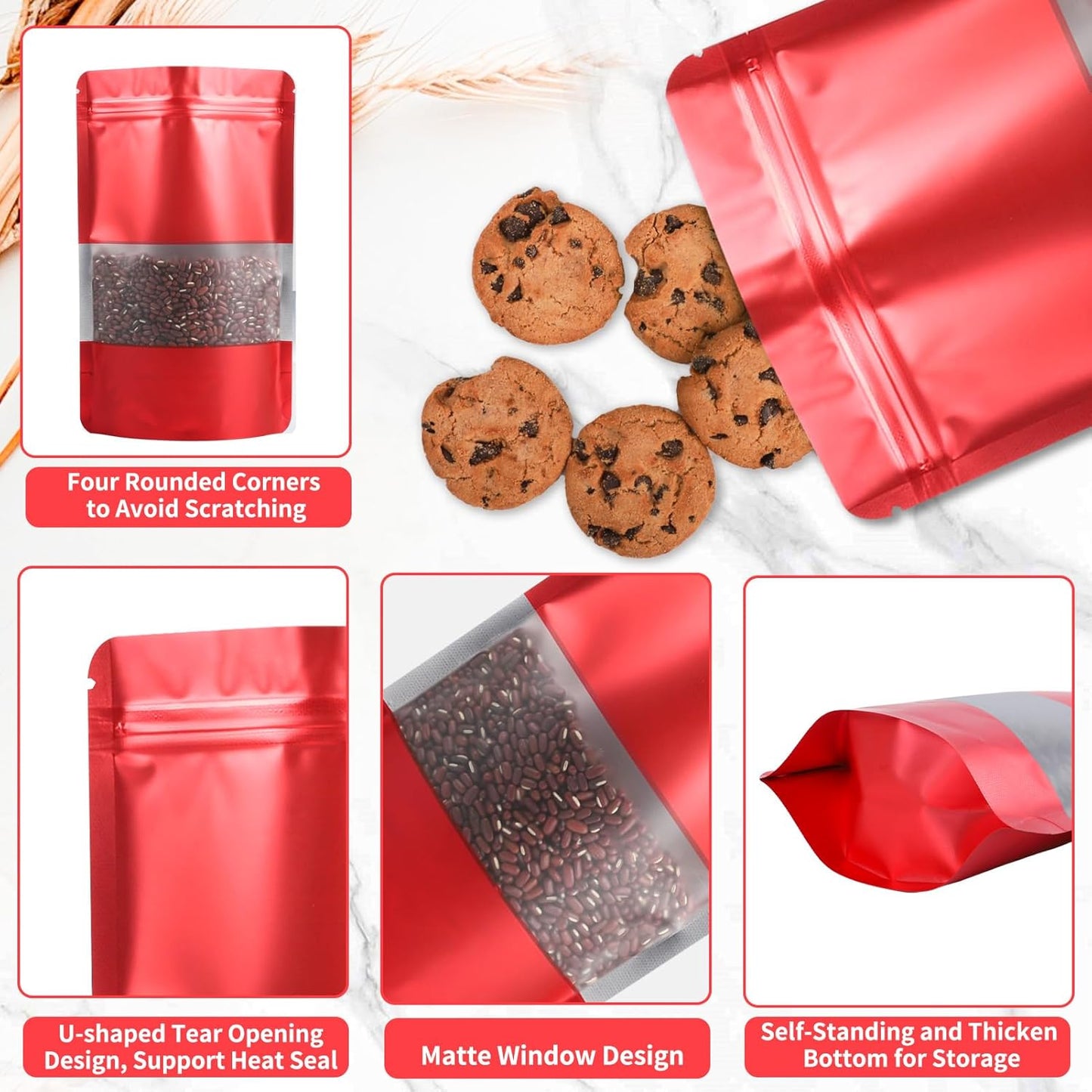 100 Pack Smell Proof Bags, Resealable Red Mylar Bags with Matte Window, Foil Pouch Stand Up Sealable Bags for Packaging, 4.72 × 7.87 Inch