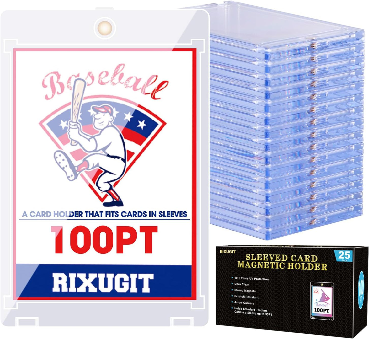 25-Pack Sleeved-Card Magnetic Holder - 100PT One Touch Magnetic Card Holder, Large Inner Size 2.63"x3.70". Fits Soft Card Sleeves on Cards First, Then into Card Holders for Double Protection
