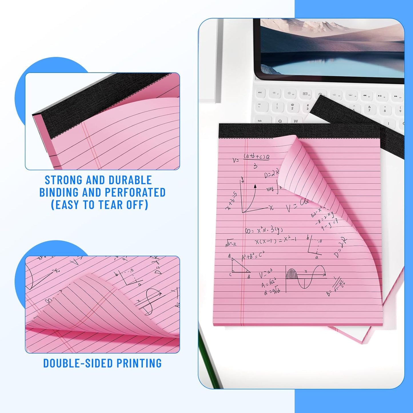 3pcs Legal Pads 8.5 x 11, Notepads 8.5 x 11 Inch, Pink Note Pads Clear Print Writing Pads of Paper, Memo Pads , Perforate Legal Notepads Paper , Wide Ruled Lined with Sturdy Back,30 Sheets/Pack
