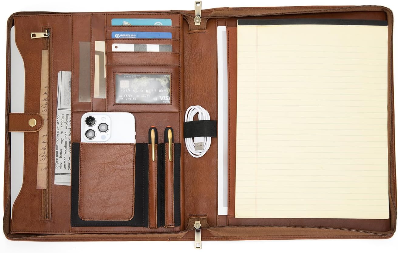 Personalized Genuine Leather Portfolio for Women and Men, Custom Engraved 8.5 x 11 Legal Padfolio, Zippered Notebook Laptop Organizer, Business Executive Folio for Work, Brown, Oil Tanned