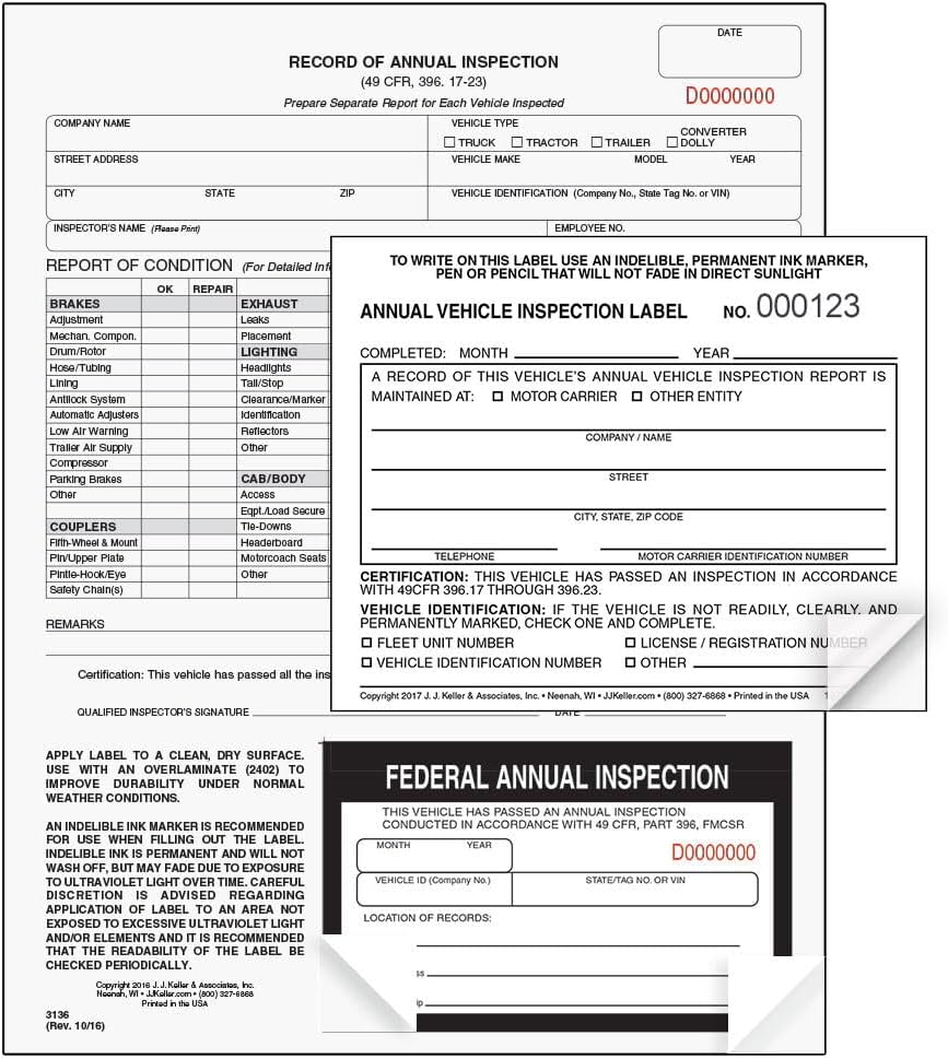 J. J. Keller 10-Pack, Record of Annual Inspection Form with Inspection Decal & Prenumbered Vinyl Adhesive Label 2-Ply, 2-Ply Carbonless Form, DOT Compliant