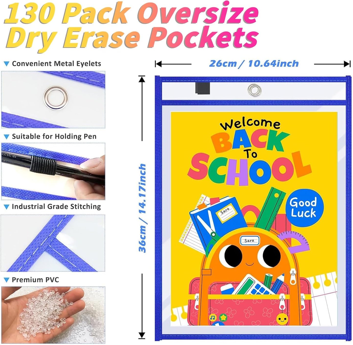 130 Packs Dry-Erase Pockets Bulk Oversized Reusable Dry Erase Pocket Sleeves with 7 Rings, 20 Assorted Colors 10x14 Ticket Holders, Clear Plastic Sheet Protectors, Teacher School Classroom Supplies