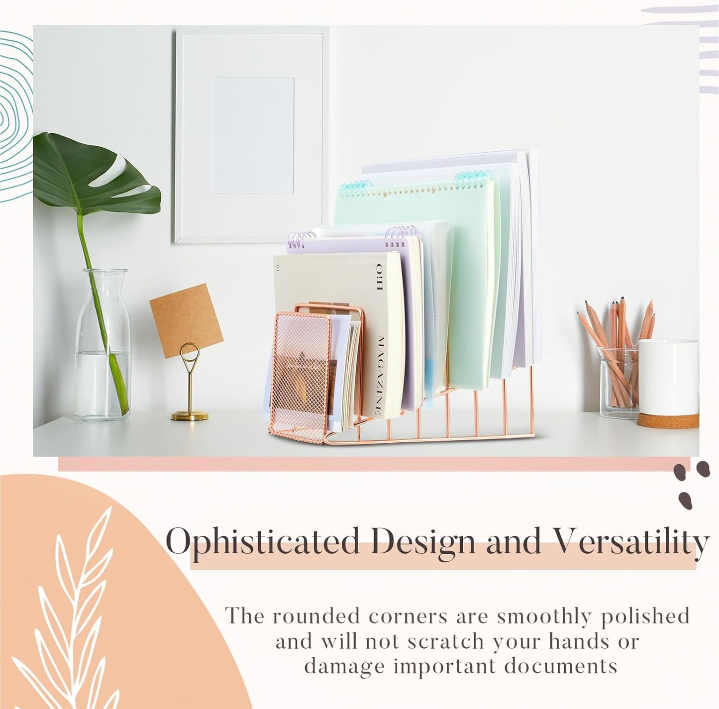 2 Pcs 7 Slot Incline File Sorter Metal Wire Mesh File Racks for Desktop Letter Sorter for Magazine Folder Book Organizer Home Office School Paper Mail Desk Storage Holder (Rose Gold)