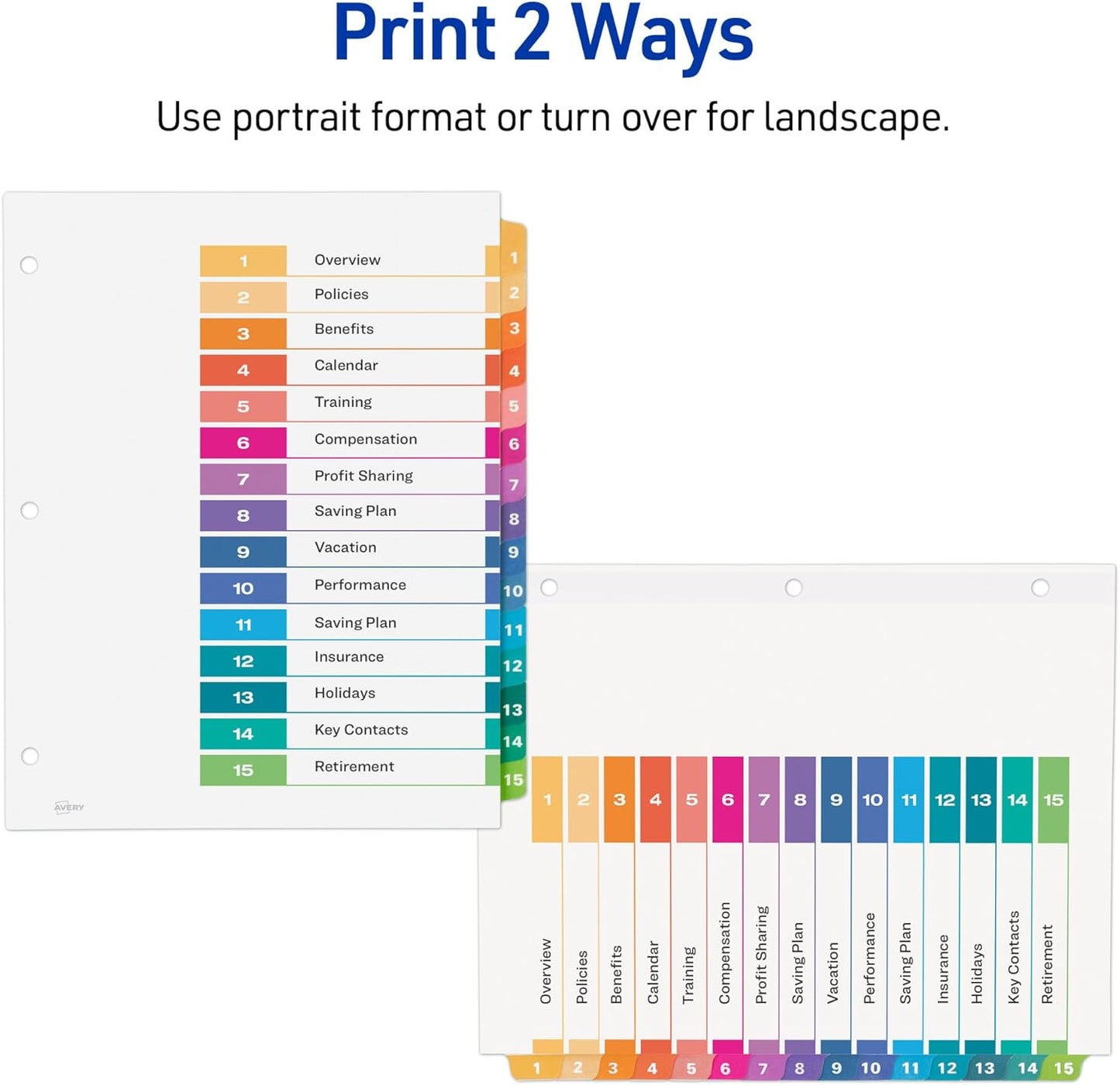 Avery Dividers for 3 Ring Binders, 15 Tabs per Set, Customizable Table of Contents, Multicolor Tabs, Great for Organizing Reports, Projects, and More (3 Sets of 11074)