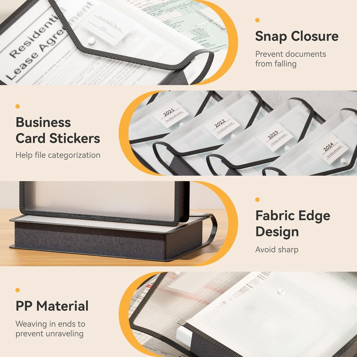 ABC life 8 Pack Plastic Expanding File Folder, Folders for Documents with Snap Closure, Black File Folder Organizer Holder, Transparent Accordion File Pouch,Large Capacity, Fit Letter/A4 Size - Black