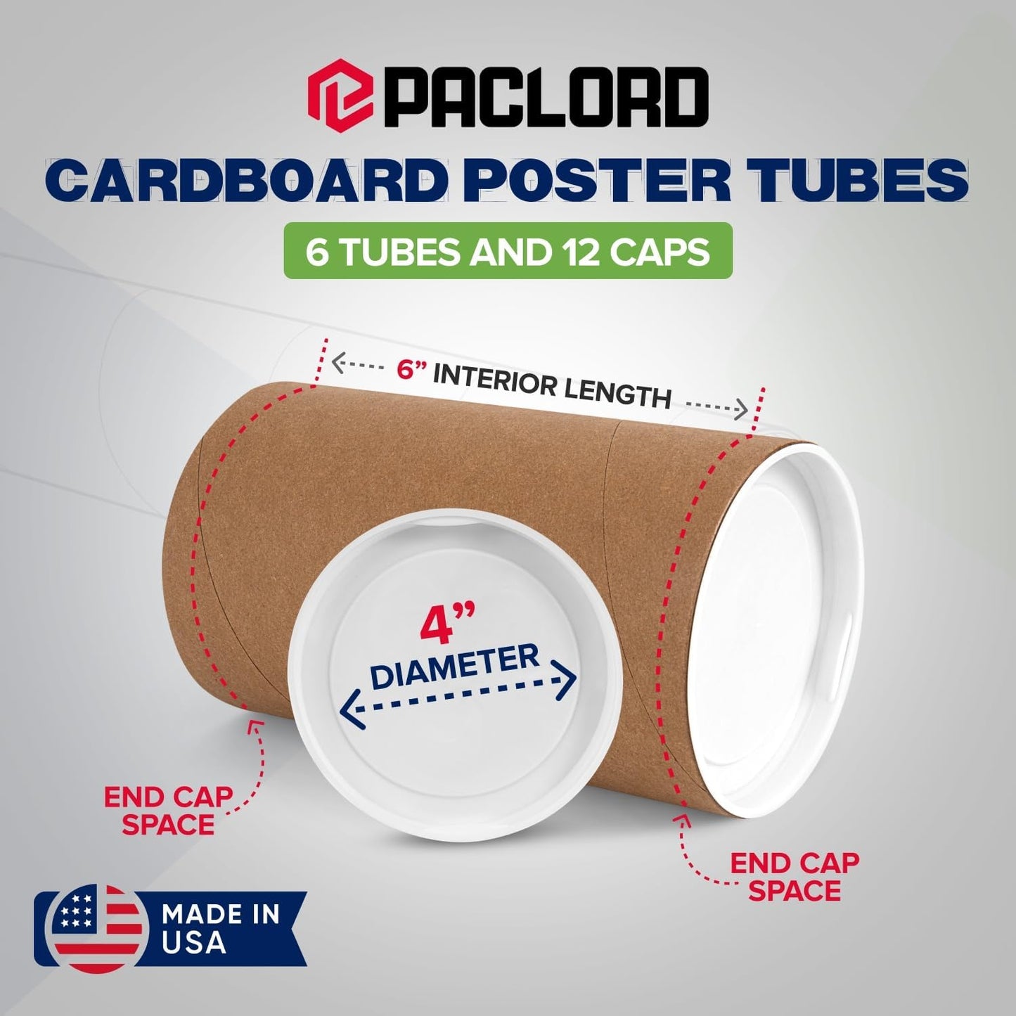 4" x 6" Reinforced Kraft Paper Mailing Tubes, Pack of 6 Tubes with 2 Caps Each – USPS Approved Poster Tube – Made in USA Cardboard Tube for Shipping and Storing Posters, Prints, Artwork, or Documents