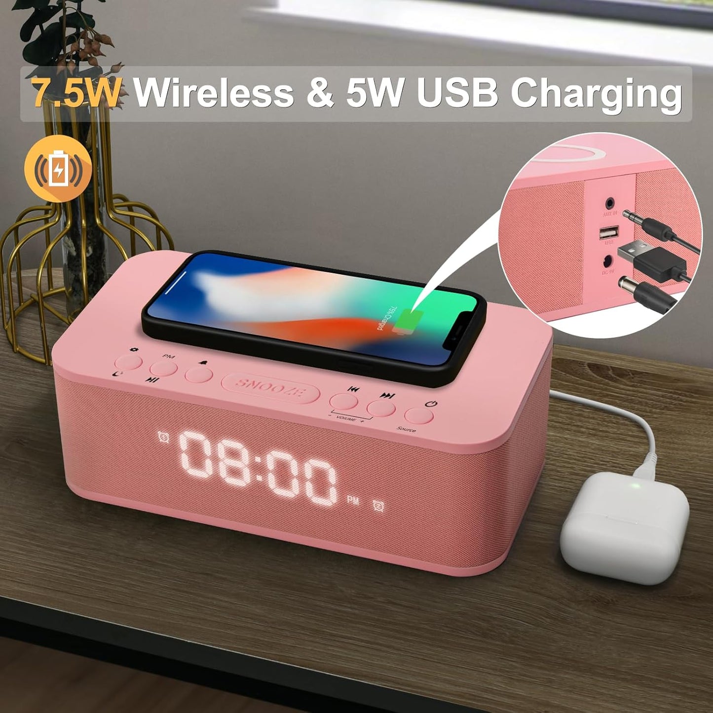 Alarm Clocks Large Snooze Button, Digital Clock USB Charger Port, Bluetooth Speaker Alarm Clock Bedroom AUX USB Bluetooth Speaker Wireless Charging 12/24H Dual Alarms Snooze Dimmer Sleep Timer, Pink