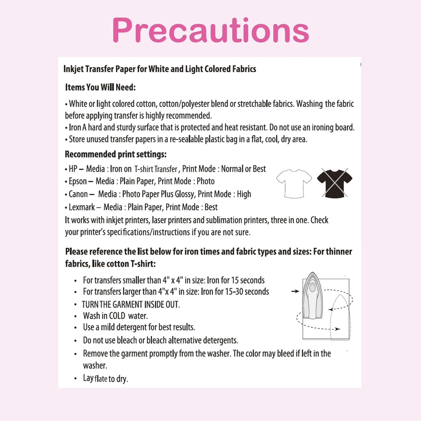 Heat Transfer Paper for Inkjet & Laserjet Printer (20 Sheets 8.5"x11", Light 3.0), Wash Durable, Long Lasting Printable HTV Infusible Ink Transfer Sheets, Vinyl Iron on Fabric Printer Paper