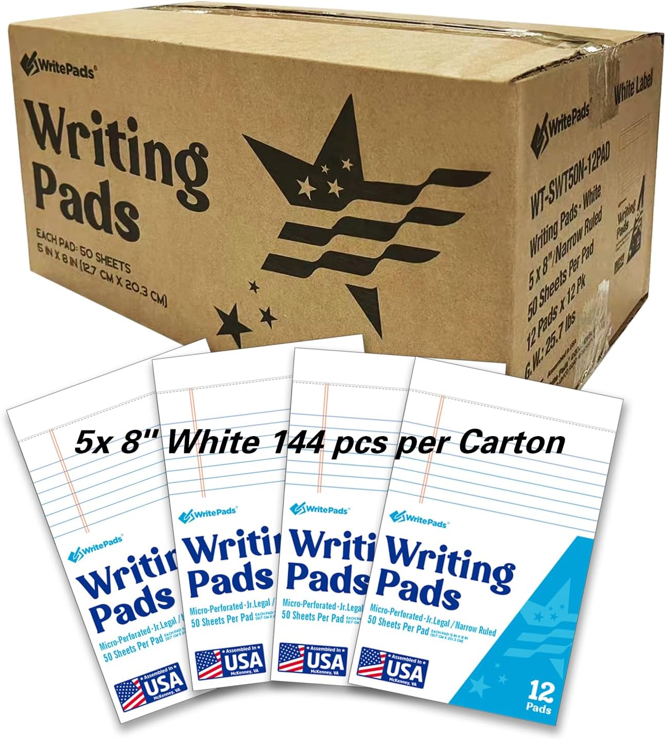 KAISA Small Legal Pads 5x8 inch Small Writing Pads 5"x8" Narrow Ruled Notepads School Office Home Note Pads, White 50 Sheets 144 Pads, WT-SWT50C