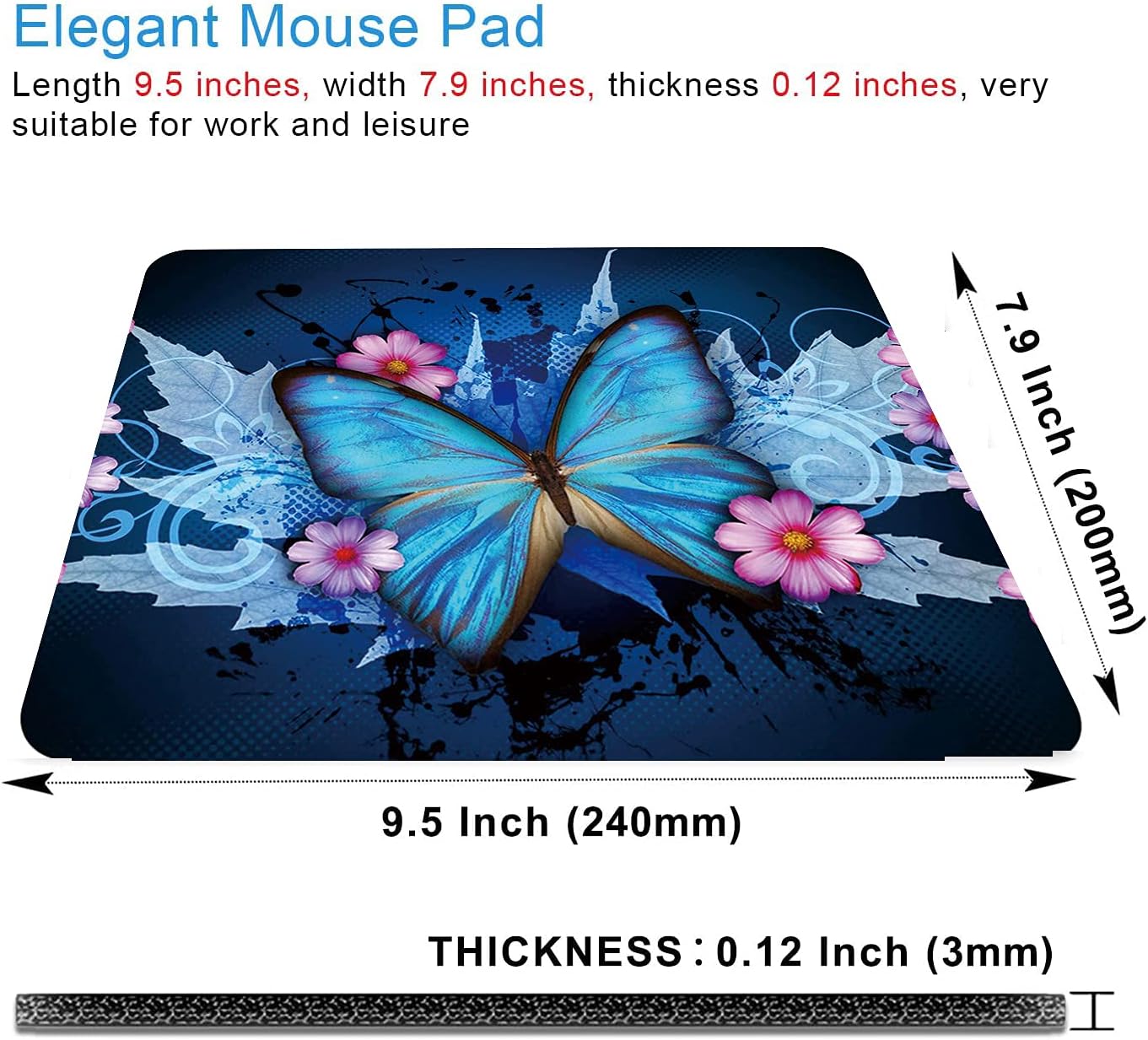 Blue Butterfly Mouse Pad Non-Slip Rubber Base Gaming MousePads for Computers Laptop Office,Cute Mouse Pads with Designs for Women,9.5"x7.9"x0.12"(240mm x 200mm x 3mm)