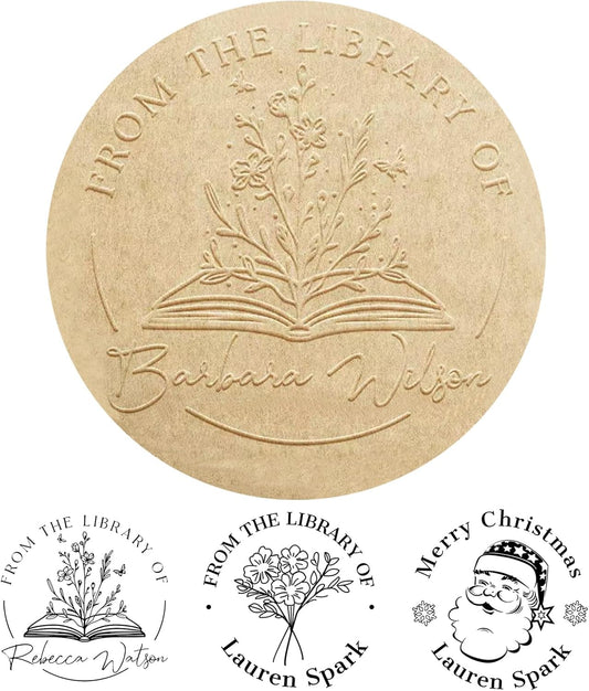 HJX Personalized Book Embosser Stamp from The Library of, Custom Floral Book Embosser Stamps, Self-Inking, Wood Handle Gifts for Books Lover (03-Embosser Stamp)