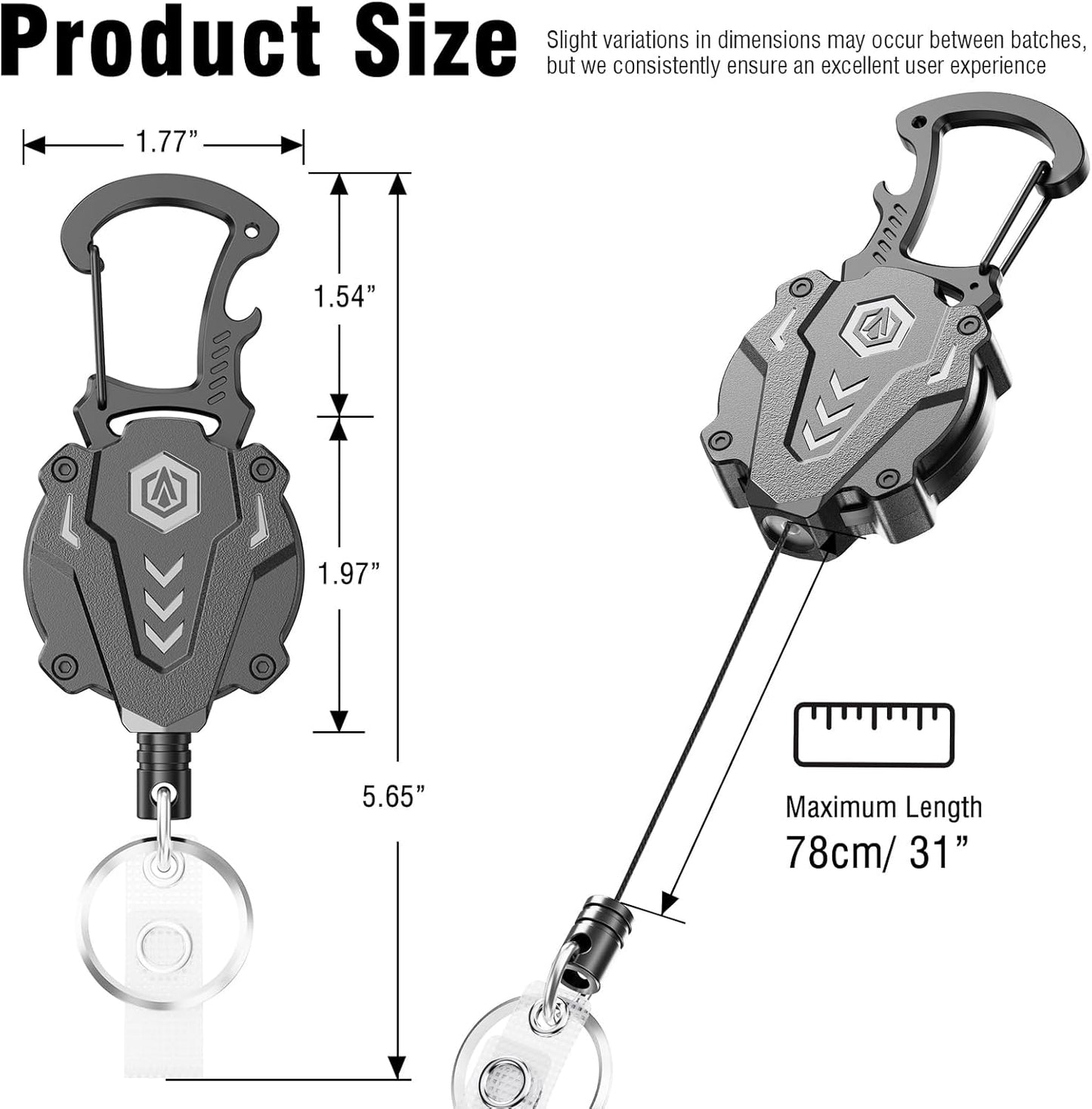 1Pack Heavy Duty Retractable Keychain, Tactical ID Badge Holder Reel Carabiner Clip with Magnetic Closure for Men, Unbreakable Sandwich Construction with 31" Dyneema Cord, Bearing 25oz