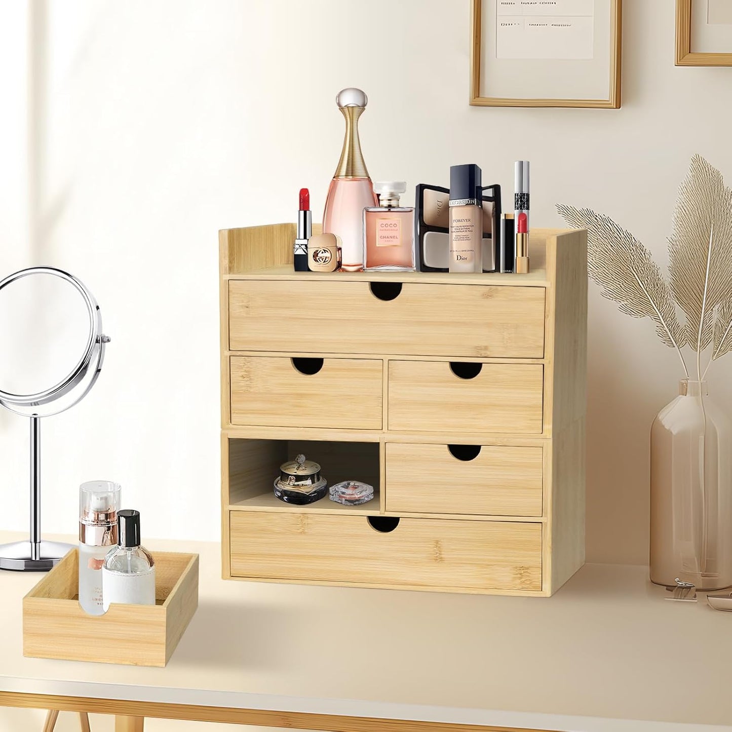 Bamboo Desk Organizer, 3 Drawer Desktop Organizer, Tabletop Storage Organization Box for Bills, Countertop, Home Office Supplies