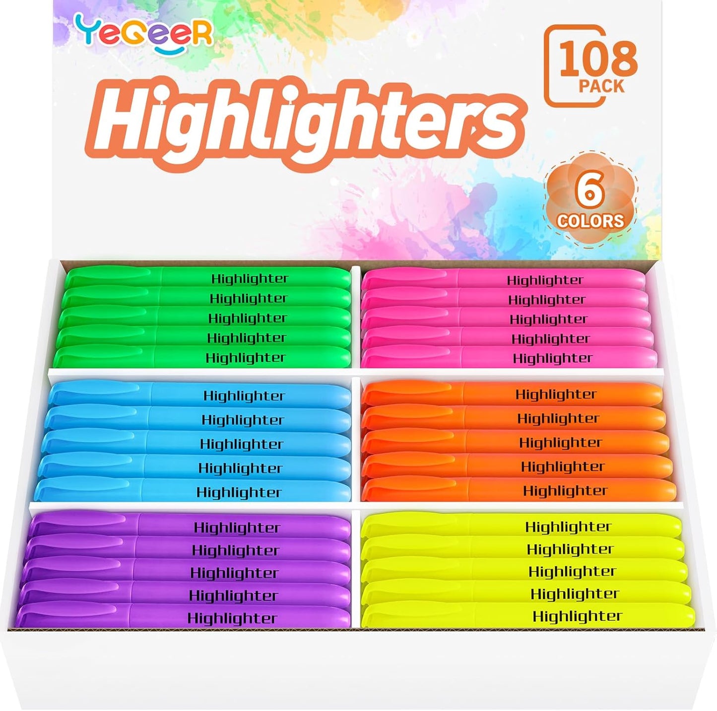 Highlighters, Chisel Tip Dry-Quickly Highlighter Markers, 108 Count-6 Assorted Colors Highlighters Bulk Pack for Adult Kids, Office Classroom Must Have, School Supplies for Teachers