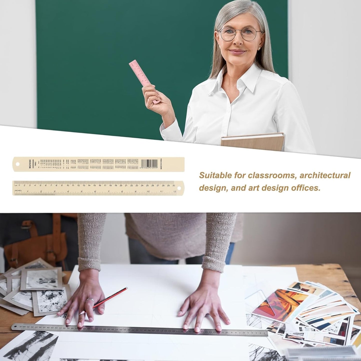 HARFINGTON 4pcs Metal Straight Ruler 30cm Metric SAE Aluminum Alloy Measuring Rulers Scale Tool with Hole for Measure Study Reading Classroom Office, Beige