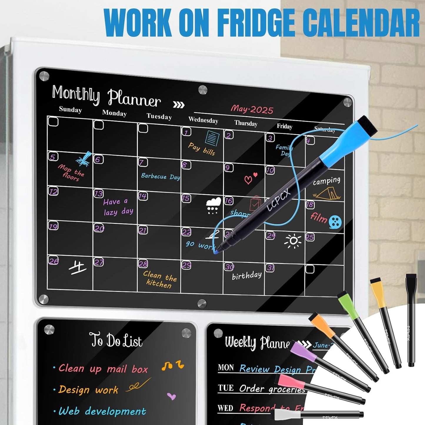 8 Dry erase markers,Bright colors can be clearly seen on light and dark backgrounds,Suitable for writing on acrylic calendars, magnetic whiteboards, dry erase boards,Pen cap with magnetic and eraser