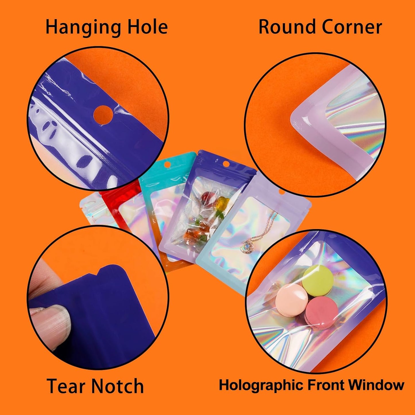 400 Pack 4 Sizes Resealable Mylar Holographic Bags Food Storage Smell Proof Bags with Front Window Foil Packaging Pouch for Sample Jewelry Small Business (Pink to Blue,3x4.7,3.1x5.5,4x 6,4.7x 7.9in)