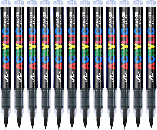 Acrylic Paint Pens, Soft Brush Tip Acrylic Paint Markers, Acrylic Markers Ideal for Canvas, Rock Painting, Wood, Stone, Glass, Ceramic, Fabric Painting, DIY Crafts (12 Pcs Black)