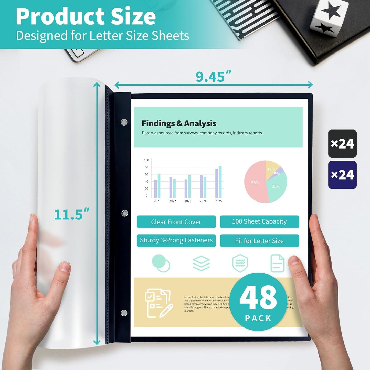 Binditek 48 Pack Clear Front Report Covers with 3 Prongs, 100-Sheet Capacity, Plastic Report Folder, with 3 Metal Fasteners, for Letter Size, Black and Navy, Office Supplies