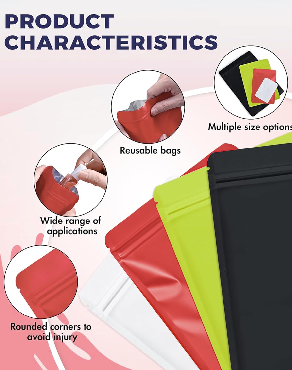 100 Pack Resealable Packaging Bags for Small Business Double-Sided Color Smell Proof Bag for Food Storage Flat Bags (Red, 4.7" x 7.1")