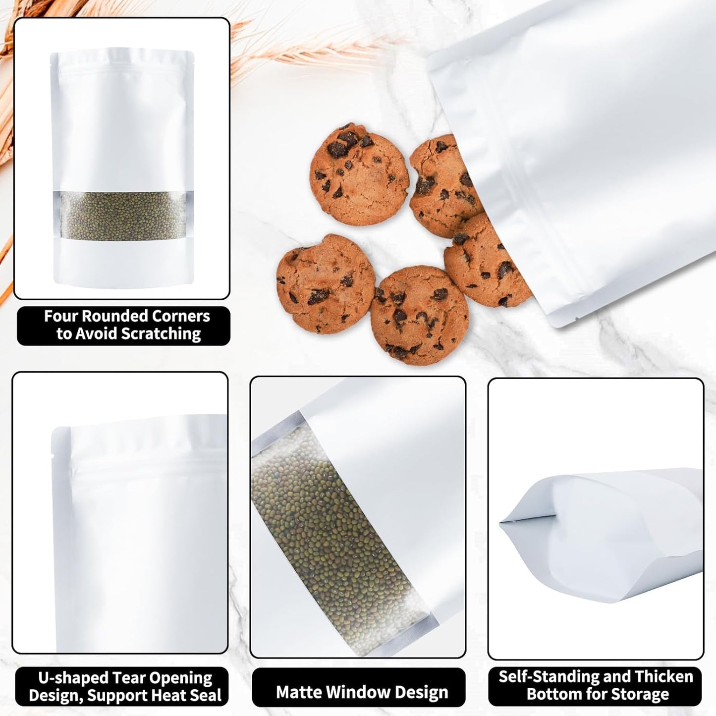 100 Pack Smell Proof Bags, Resealable White Mylar Bags with Matte Window, Foil Pouch Stand Up Sealable Bags for Packaging, 6.29 × 9.44 Inch