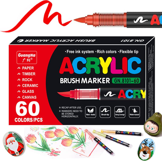 60 Color Paint Pens, Soft Brush Tip Acrylic Markers, Quick-Drying Waterproof for Canvas, Rock, Wood, Stone, Glass, Ceramic, Fabric Painting, DIY Crafts