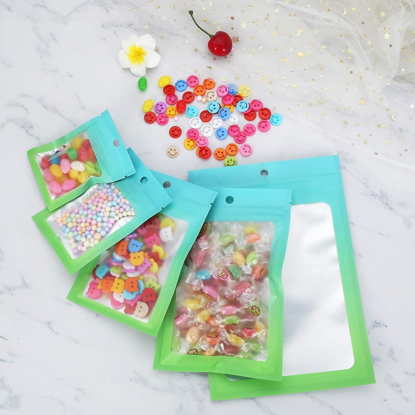 100 Pcs Resealable Mylar Bags, Gradient Color Food Storage Bags, Zip Bag Foil Bags Packaging Pouch for Food Storage, Sample, Small Business (Blue Green, 5.9 X 8.6 Inch)