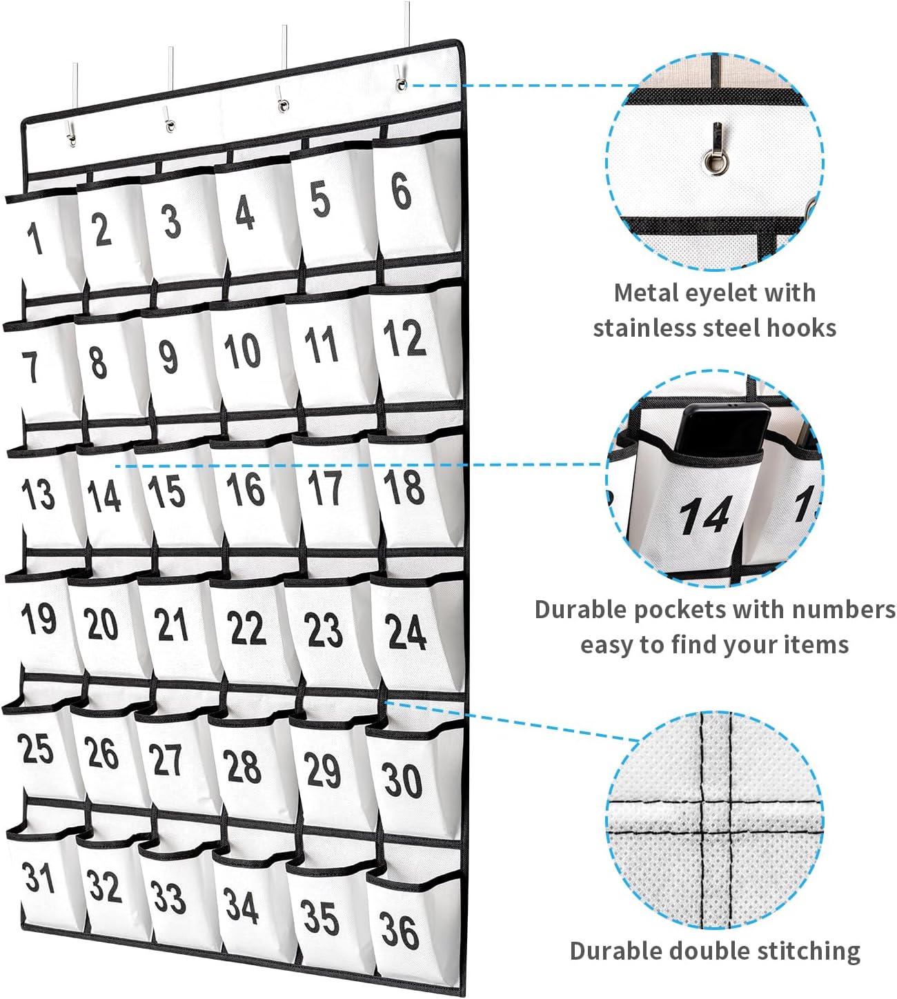36 Pockets Numbered Classroom Pocket Chart for Cell Phones, Hanging Pocket Chart Storage for Classroom Phone Calculator Holder with 4 Stainless Steel Hooks (White-36pockets)
