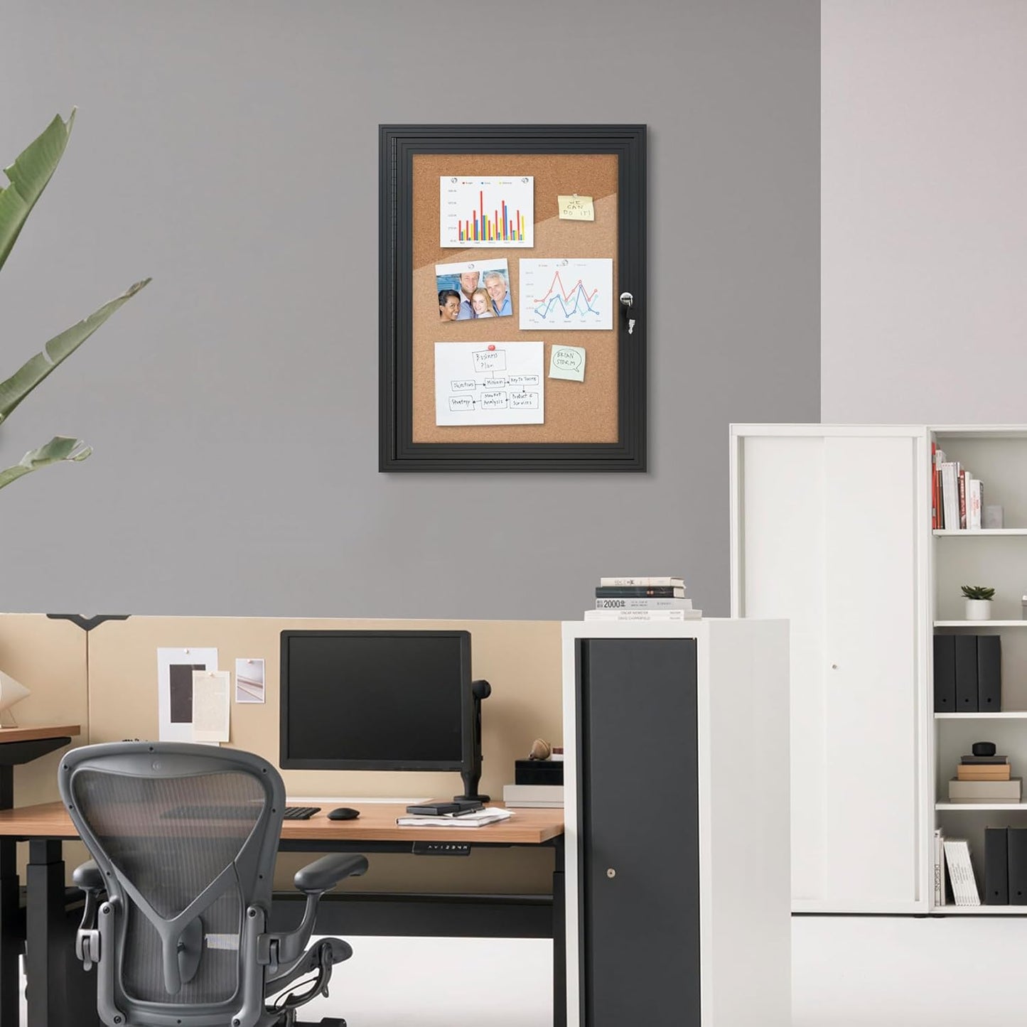 26"x20" Enclosed Bulletin Board, Outdoor Lockable Weather-Resistant Aluminum Cork Noticeboard for School & Office, Black Frame w/Cork