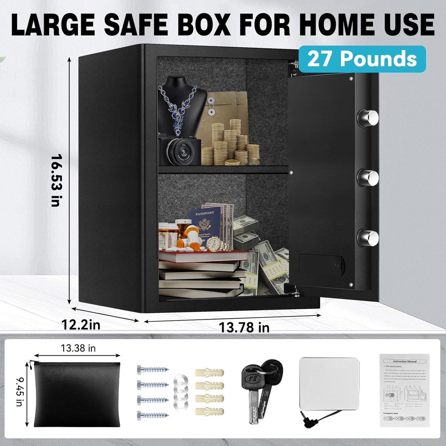 2.5 Cuft Safe Box, Home Safes with Fireproof Waterproof Bag, Anti-Theft Safety Box with Digital Keypad, Smart Alert System, Spare Keys, Removable Shelf, LED Light, Personal Document Safe