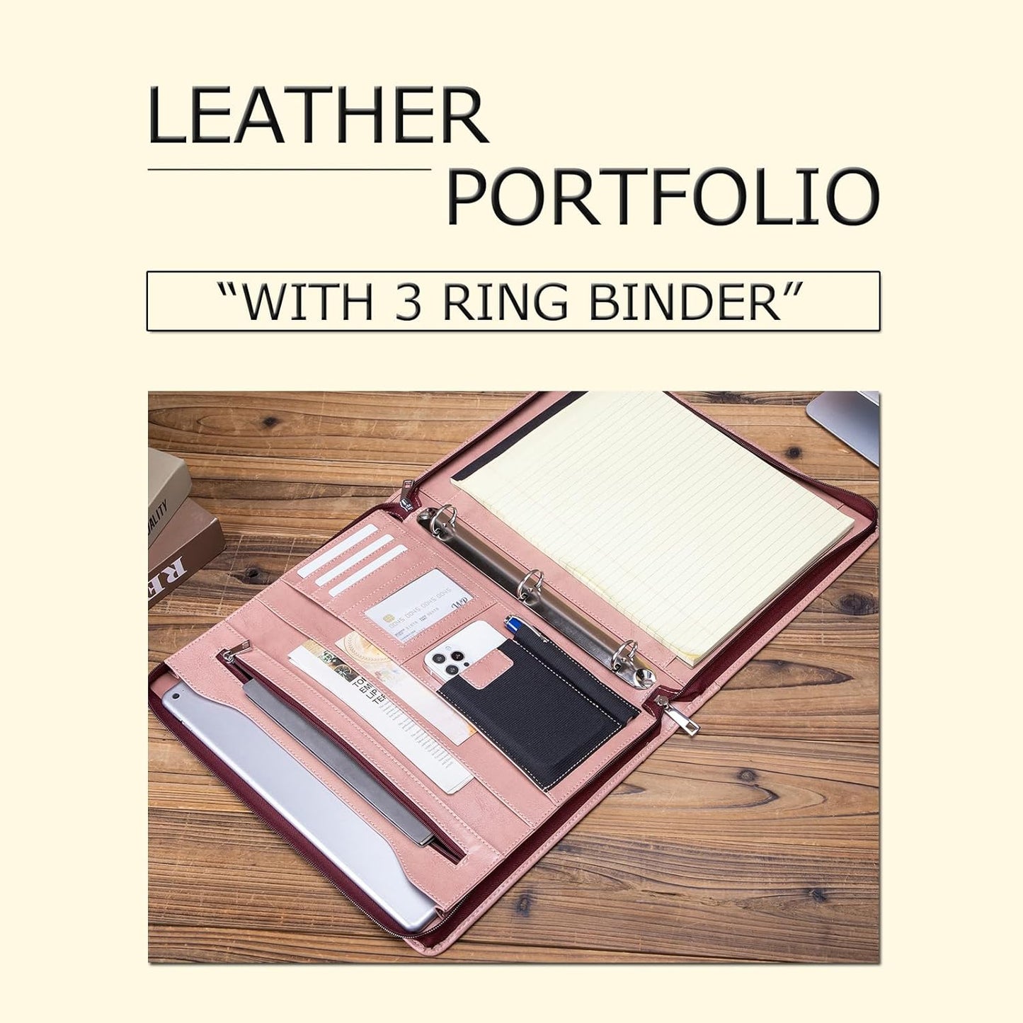 Personalized Leather Portfolio with 3 Ring Binder, Vegan Leather Padfolio Zippered, A4 Notebook Holder Customized Business Folder Organizer Gift for Women, Pink
