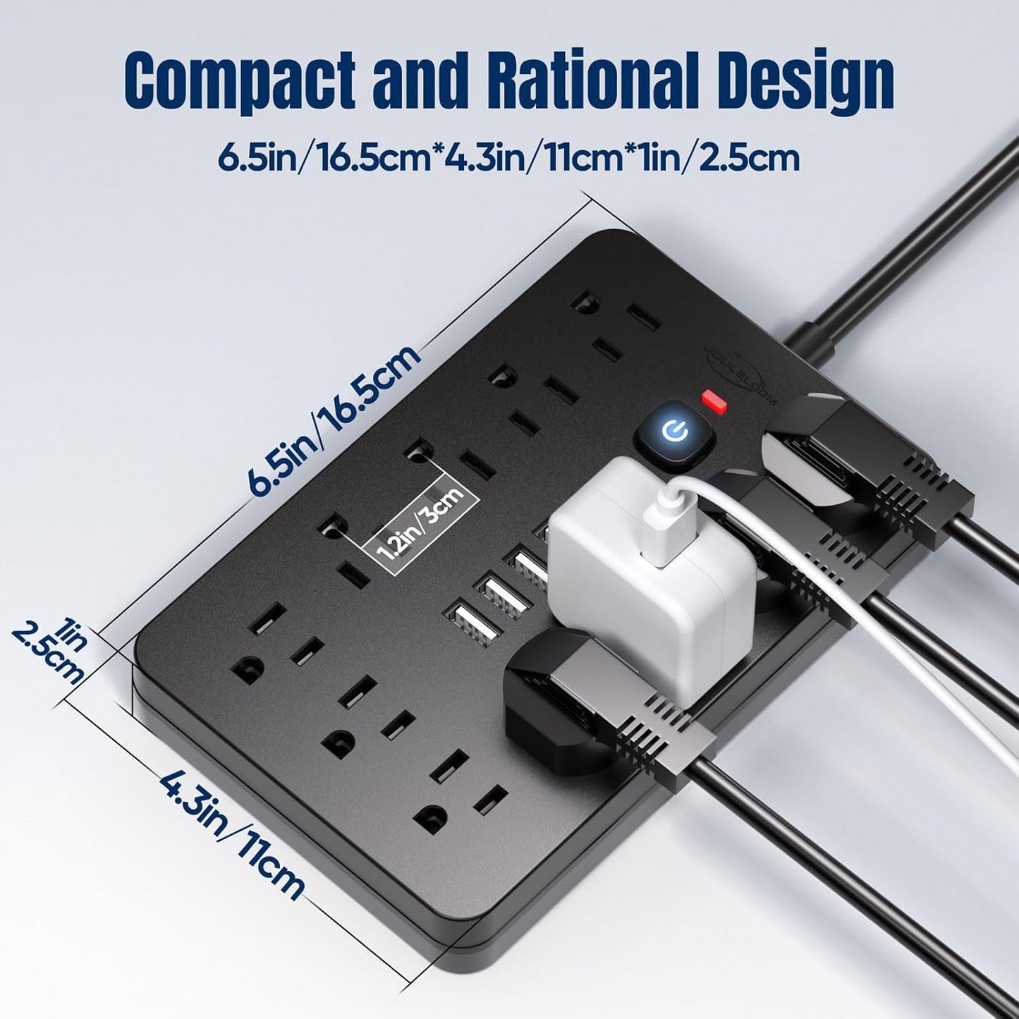 5 FT Flat Plug Surge Protector Power Strip,11 Multiple AC Outlets with 6 USB Ports (2 USB C), 5 Feet Extension Cord, 1250W/10A, One Touch Switch Button, 17 in 1 Compact powerstrip