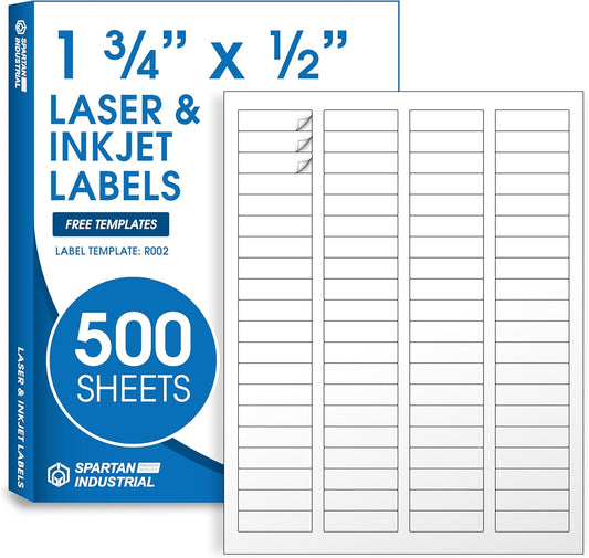 1 3/4" X 1/2" Matte White Return Address Labels Compatible with Inkjet and Laser Printers - 500 Sheets, 40000 Small Printable Stickers for Mailing, Barcodes, Organization - Spartan Industrial