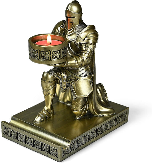 King's Guard Kneeling Knight Candlestick Holders Resin Posture TeaLight Holder Warrior Mobile Phone Stand Pen Holder Candle Holder for Restaurant, Altar, Home Table(Bronze)