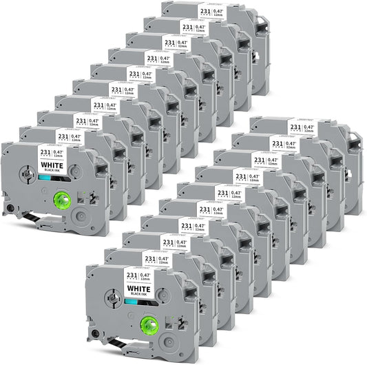 20-Pack Tze Tz Tape 12mm 0.47" Laminated White Compatible for Brother Tze-231 Label Maker Tape P Touch Label Tape 12mm 1/2" White for PT-D220 PT-D210 PT-D200 PT-2430 PT-D610BT PT-D400 PTD600
