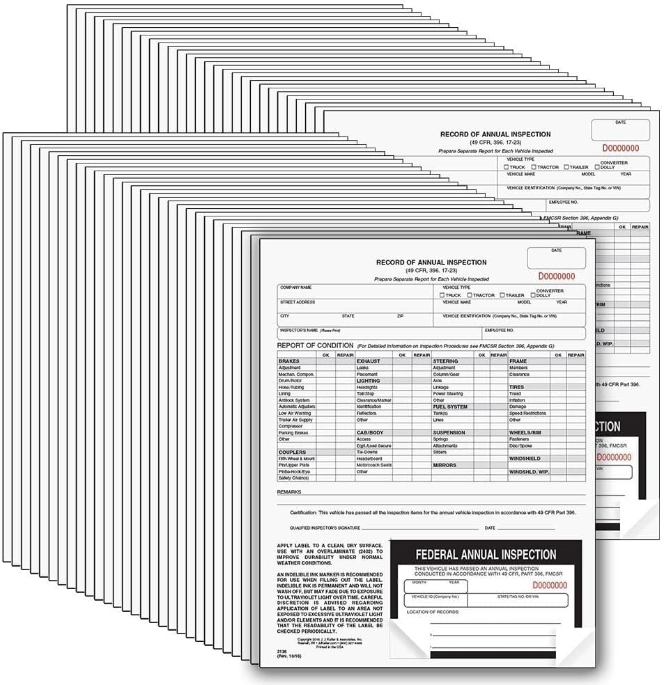 J. J. Keller 50-Pack, Record of Annual Inspection Form with Inspection Decal, 2-Ply Carbonless Form, DOT Compliant