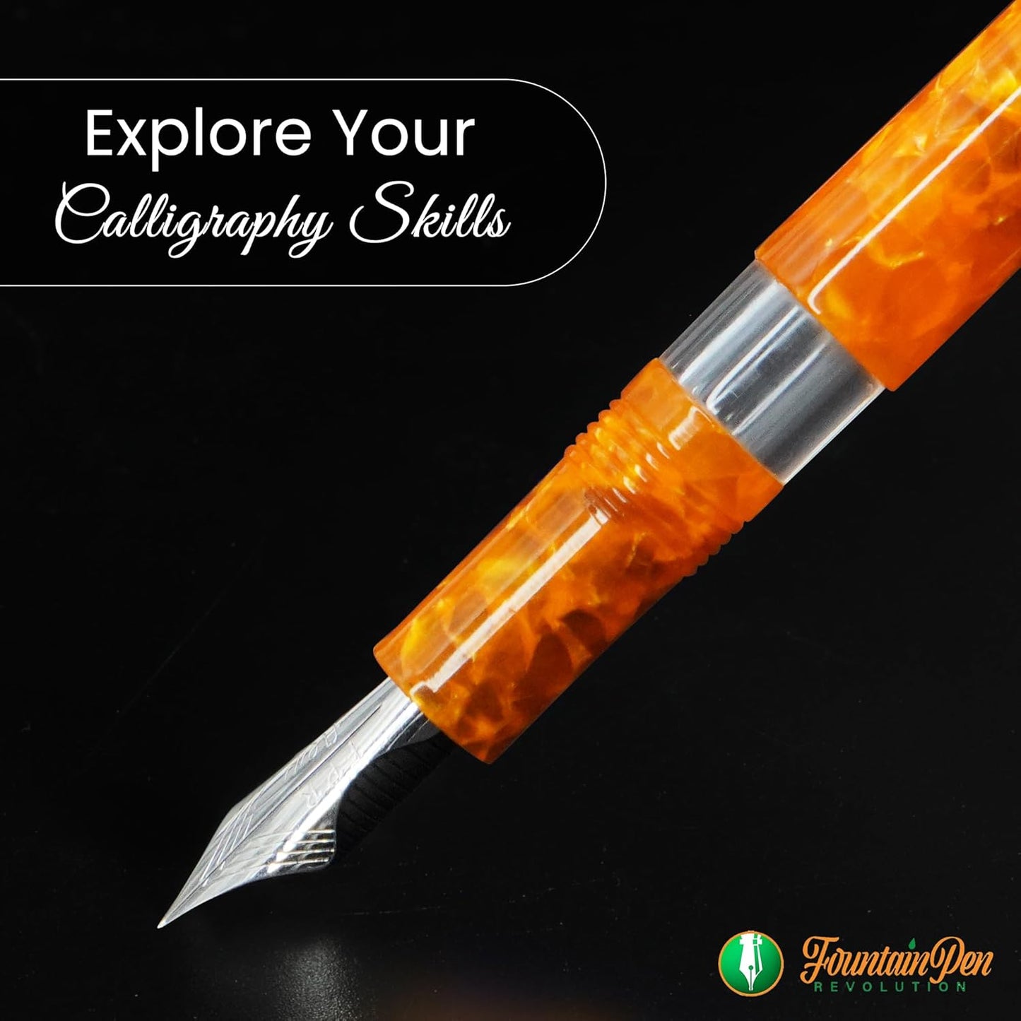 Jaipur V2 Piston Filled Refillable Fountain Pen - Orange Ultra Flex Cursive Pen w/Stainless Steel Nib - Luxury Pens w/Acrylic Body & Ebonite Feed - Fountain Pens for Journaling & Calligraphy