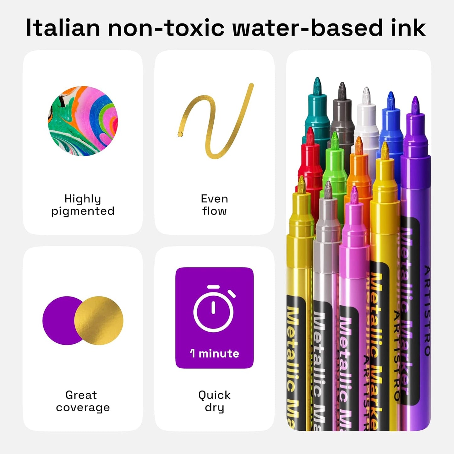 ARTISTRO 12 Metallic Paint Pens for Glass, Rock Painting, Ceramic, Wood, Fabric, Pebbles, Scrapbook Journals, Photo Albums, Card Stocks - Acrylic Paint Markers Extra-Fine Tip 0.7mm