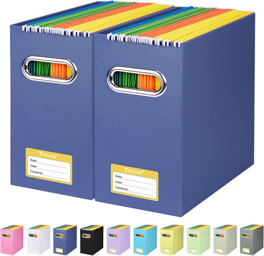 BALEINE File Organizer Box, Cardboard File Folder Organizer with Handle for Letter Size, Portable Collapsible Hanging Filing Box for Home Office Document Storage (2 Pack, Navy)