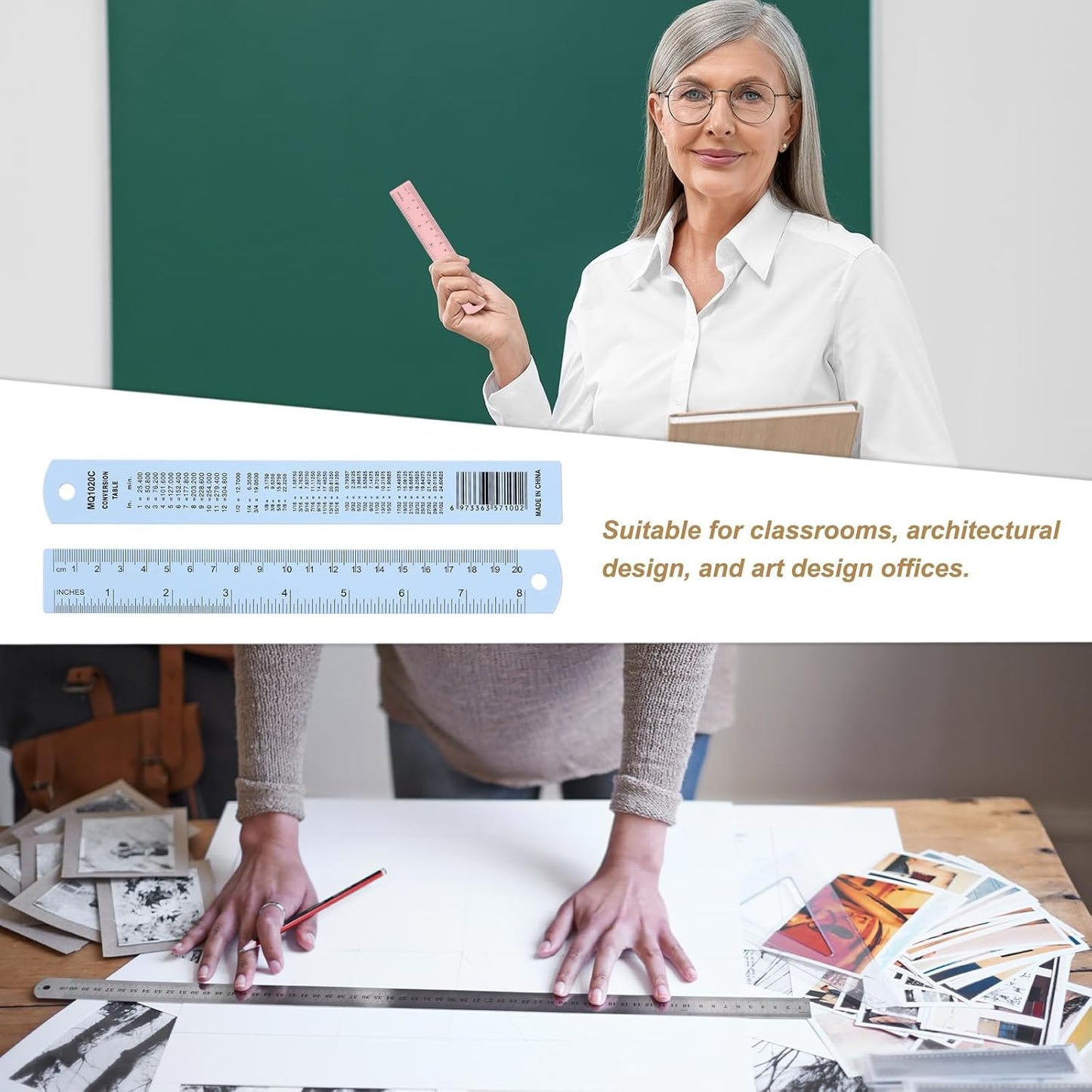 HARFINGTON 4pcs Metal Straight Ruler 20cm Metric SAE Aluminum Alloy Measuring Rulers Scale Tool with Hole for Measure Study Reading Classroom Office, Light Blue