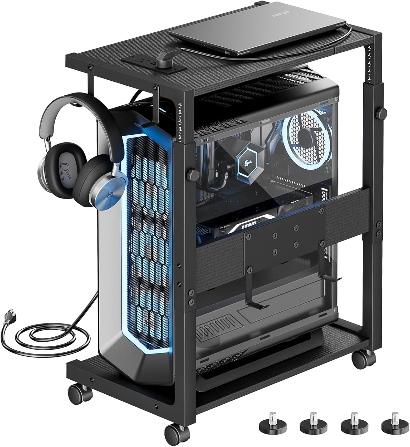 JANE EYRE Computer Tower Stand - Adjustable PC Tower Stand CPU Holder Cart with Charging Station for Office Home Classroom,23.03"-28.3" H, black