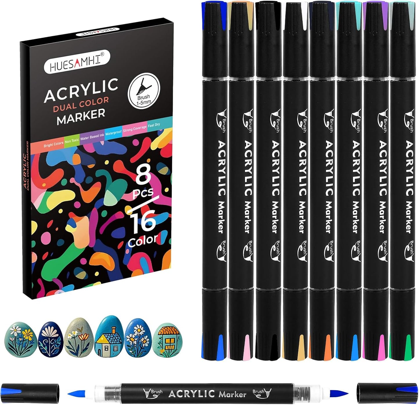 Acrylic Paint Markers 16 Colors 8 PCS Dual Tip Acrylic Markers for Adult Coloring Books No Bleeding Ideal for Glass,Ceramic,Wood,Canvas,Stone,Fabric, Rock Painting, Art Supplies