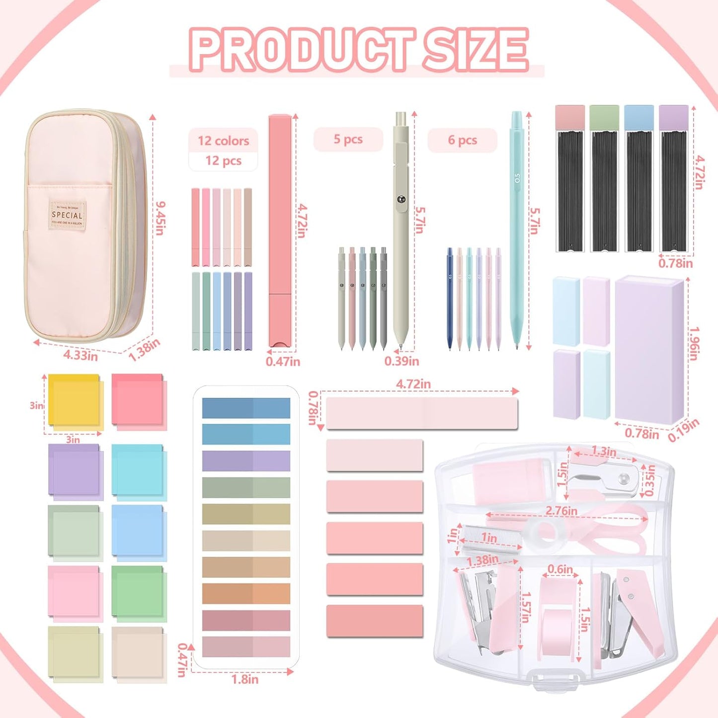 60 Pcs Aesthetic Book Annotation Kit School Supplies Cute Pencil Case with Highlighter Gel Pen Mechanical Pencil Magnetic Bookmarks Transparent Sticky Note Tabs Student Stationary(Pink)