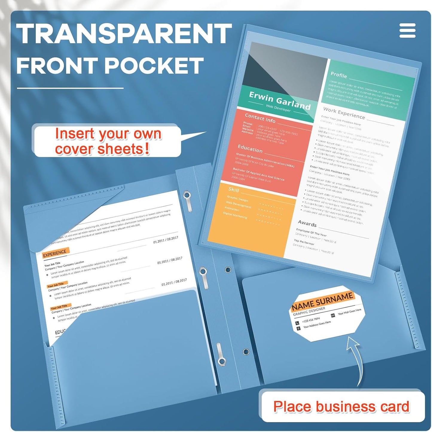 Henoyso 18 Pcs Plastic Folder with Clear Front Pocket and 3 Prong Plastic Folders with Card Slot Pocket Folders with Prongs for School Office (Haze Blue)