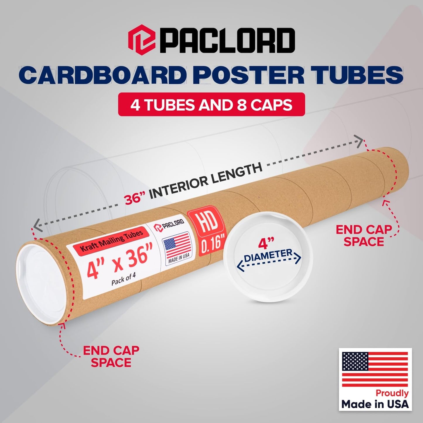 4" x 36" Heavy-Duty Reinforced Cardboard Mailing Tube, Pack of 4 Tubes with 8 Caps – Secure USPS Approved – Great for Shipping and Storing of Prints, Artwork, Posters or Documents